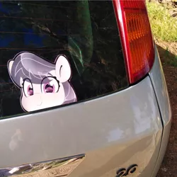 Size: 794x794 | Tagged: safe, artist:partylikeanartist, derpibooru import, octavia melody, earth pony, pony, anime, anime eyes, bumper sticker, car, eye clipping through hair, eyebrows, eyebrows visible through hair, ford, ford focus, image, irl, jpeg, looking at you, peeking, photo, solo