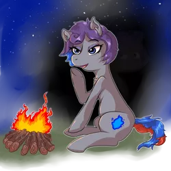 Size: 1024x1024 | Tagged: safe, artist:ghouleh, derpibooru import, oc, oc:wisp, unofficial characters only, earth pony, pony, campfire, female, fire, image, mare, png, shadow, sitting, smiling