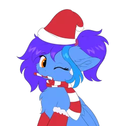 Size: 5000x5000 | Tagged: safe, alternate version, artist:lunar froxy, derpibooru import, oc, oc:angley, unofficial characters only, pegasus, pony, absurd resolution, chest fluff, christmas, clothes, commission, cute, derpibooru exclusive, ear fluff, female, hat, holiday, image, one eye closed, png, ponytail, santa hat, scarf, simple background, socks, solo, transparent background, wings, wink, ych result