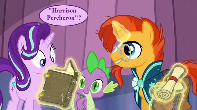 2370867 - safe, derpibooru import, edit, edited screencap, screencap,  spike, starlight glimmer, sunburst, the crystalling, book, clothes,  harrison bergeron, image, innocently insensitive, magic, magic aura, male,  png, robe, scroll, speech, speech bubble,