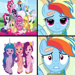 Size: 894x894 | Tagged: safe, derpibooru import, edit, edited screencap, screencap, applejack, fluttershy, izzy moonbow, pinkie pie, pipp petals, princess celestia, rainbow dash, rarity, spike, sunny starscout, twilight sparkle, alicorn, dragon, earth pony, pegasus, pony, unicorn, read it and weep, g4 purist, g5, g5 drama, image, jpeg, mane six, meme, op can't let go, op is a duck, op is trying to start shit