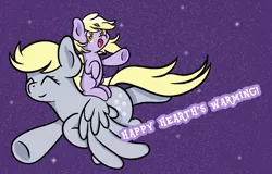 Size: 2920x1864 | Tagged: safe, artist:dinkyuniverse, derpibooru import, derpy hooves, dinky hooves, pegasus, pony, unicorn, equestria's best daughter, equestria's best mother, family, female, filly, flying, foal, happy, hearth's warming, hearth's warming eve, holiday, image, mare, night, png, smiling, snow, talking to viewer, winter