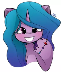 Size: 871x1022 | Tagged: safe, artist:zi_arie, derpibooru import, izzy moonbow, pony, unicorn, blushing, bracelet, cute, female, g5, grin, image, izzybetes, jewelry, jpeg, looking at you, mare, raised hoof, signature, simple background, smiling, solo, teeth, unshorn fetlocks, white background