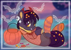 Size: 1384x980 | Tagged: safe, artist:scarffist, derpibooru import, oc, oc:tricky treat, unofficial characters only, bat, dracony, dragon, hybrid, pony, spider, bucket, candy, candy corn, clothes, commission, devil horns, ear piercing, earring, fangs, female, food, hairband, image, jewelry, lollipop, lying down, mare, on back, piercing, png, pumpkin bucket, raised hoof, raised leg, shirt, shorts, socks, solo, striped socks, ych result
