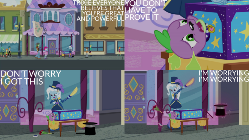 Size: 1280x720 | Tagged: safe, derpibooru import, edit, edited screencap, editor:quoterific, screencap, spike, trixie, equestria girls, equestria girls series, street magic with trixie, spoiler:eqg series (season 2), collage, image, png