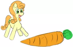 Size: 1194x766 | Tagged: safe, anonymous artist, derpibooru import, carrot top, golden harvest, earth pony, pony, carrot, cute, drawthread, food, happy, herbivore, image, open mouth, png, requested art, simple background, solo, white background