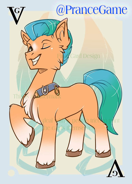 Size: 744x1038 | Tagged: safe, artist:bluekite-falls, artist:sky-railroad, derpibooru import, hitch trailblazer, earth pony, pony, card game, g5, image, jpeg, playing card, prance card game, solo, twitter link, watermark