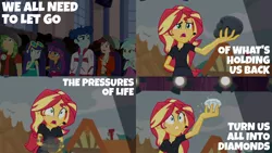 Size: 1986x1117 | Tagged: safe, derpibooru import, edit, edited screencap, editor:quoterific, screencap, blueberry cake, curly winds, ginger owlseye, lyra heartstrings, normal norman, sandalwood, some blue guy, sunset shimmer, equestria girls, equestria girls series, opening night, chaos emerald, crowd, diamond, dust, female, hamlet, image, male, open mouth, png, sonic the hedgehog (series), william shakespeare