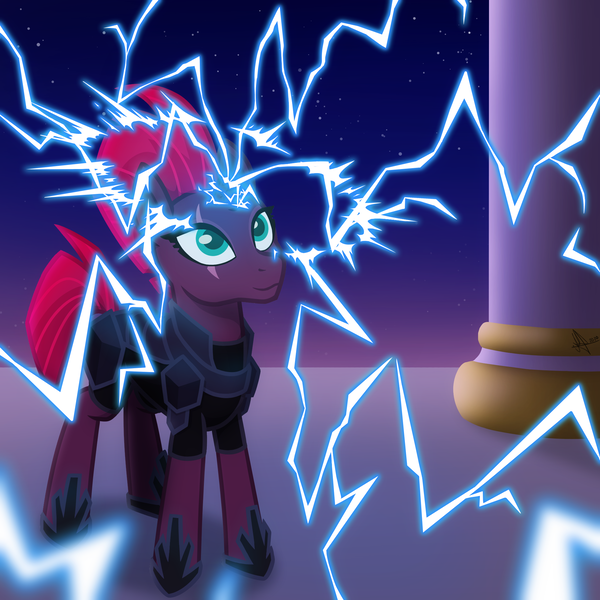 Size: 2048x2048 | Tagged: safe, artist:whitequartztheartist, derpibooru import, fizzlepop berrytwist, tempest shadow, pony, unicorn, my little pony: the movie, canterlot, female, image, lightning, magic, mare, png, solo