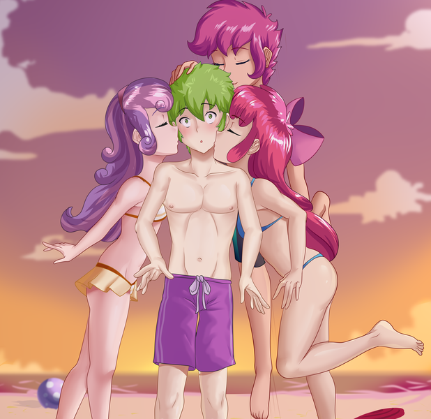 Size: 3606x3500 | Tagged: safe, artist:thebrokencog, derpibooru import, apple bloom, scootaloo, spike, sweetie belle, human, anime, apple bloom's bow, barefoot, beach, belly button, bikini, blushing, bow, clothes, commission, crusadespike, cutie mark crusaders, feet, female, hair bow, humanized, image, kiss on the cheek, kiss sandwich, kissing, lucky bastard, male, nipples, nudity, partial nudity, png, sand, scootaspike, shipping, shorts, spike gets all the fillies, spike gets all the mares, spikebelle, spikebloom, straight, sunset, surprise kiss, swimsuit, topless, water