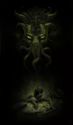 Size: 1700x2900 | Tagged: semi-grimdark, artist:gor1ck, derpibooru import, oc, unicorn, book, brush, cthulhu, image, jpeg, lovecraft, tabun art-battle cover