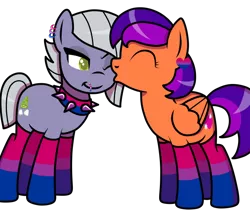 Size: 652x553 | Tagged: safe, artist:kb-gamerartist, derpibooru import, limestone pie, oc, oc:jade the pegasus, earth pony, pegasus, pony, bisexual pride flag, canon x oc, choker, clothes, ear piercing, earring, eyes closed, female, heart, image, jewelry, kissing, lesbian, lip piercing, mare, one eye closed, piercing, png, pride, pride flag, shipping, simple background, socks, spiked choker, striped socks, transparent background, wink