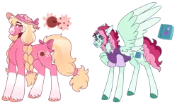 Size: 1280x761 | Tagged: safe, artist:transglimmer, derpibooru import, oc, unofficial characters only, earth pony, pegasus, pony, bow, braid, clothes, duo, freckles, hat, image, one wing out, png, shirt, simple background, socks (coat marking), sun hat, tail bow, transparent background, unshorn fetlocks, wings