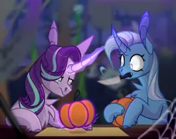 Size: 1431x1135 | Tagged: safe, artist:chillout, derpibooru import, starlight glimmer, trixie, pony, unicorn, chest fluff, curved horn, duo, female, glowing horn, halloween, holiday, horn, image, knife, levitation, magic, mare, mouth hold, paper, png, pumpkin, pumpkin carving, raised hoof, table, telekinesis