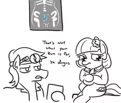 Size: 679x576 | Tagged: suggestive, artist:jargon scott, derpibooru import, edit, coco pommel, rainbow dash, earth pony, pony, coco is an anal slut, cocobetes, cute, dingus, doctor, duo, embarrassed, female, grayscale, hoof hold, image, implied anal insertion, implied insertion, looking away, male, mare, monochrome, mug, png, sad, sadorable, stallion, teary eyes, toy, x-ray, x-ray picture