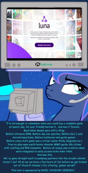 Size: 563x1100 | Tagged: safe, derpibooru import, princess luna, gamer luna, amazon.com, amazon luna, exploitable meme, image, luna is not amused, meme, obligatory pony, png, raid shadow legends, television, tv meme, unamused