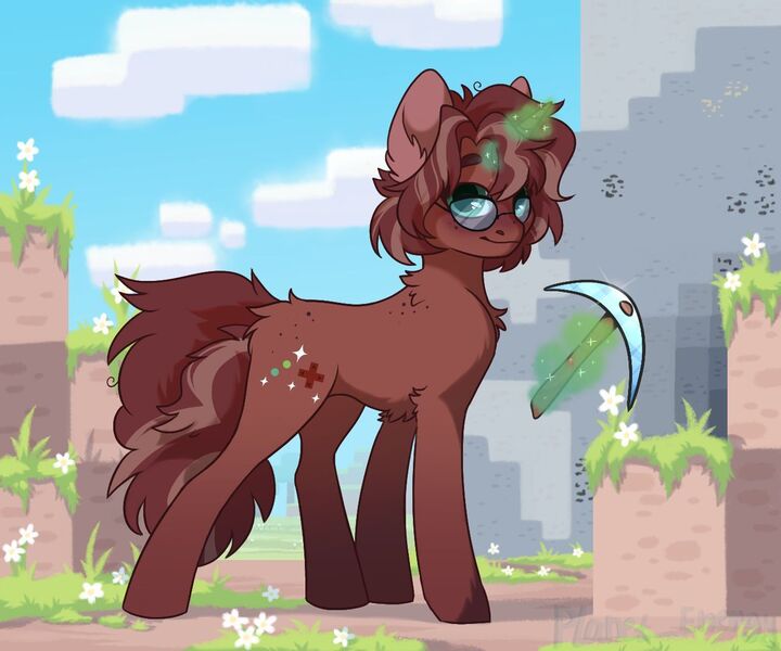 Size: 1280x1066 | Tagged: safe, artist:keiava, derpibooru import, oc, oc:konami code, pony, unicorn, female, image, jpeg, magic, mare, minecraft, offspring, parent:cheese sandwich, parent:pinkie pie, parents:cheesepie, pickaxe, solo