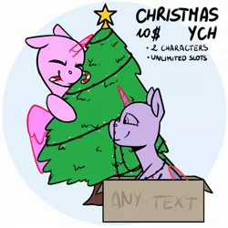 Size: 2160x2160 | Tagged: safe, artist:jellysiek, derpibooru import, oc, alicorn, earth pony, pegasus, pony, unicorn, box, candy, christmas, christmas lights, christmas ornament, christmas tree, commission, food, holiday, image, jpeg, stars, tree, your character here