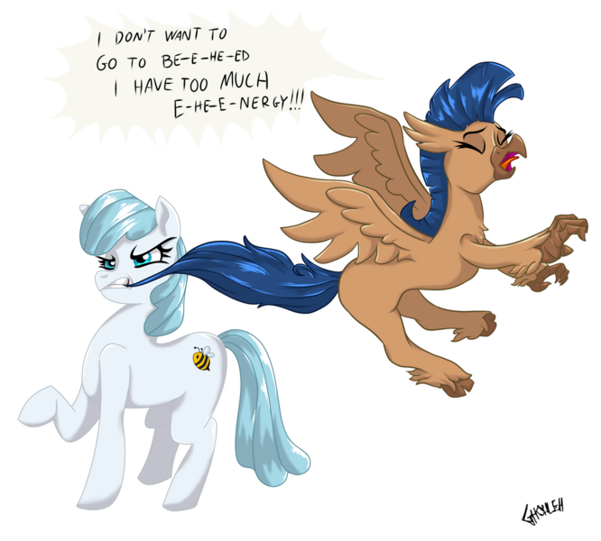 Size: 1024x922 | Tagged: safe, artist:ghouleh, derpibooru import, oc, oc:sola, oc:victorie, unofficial characters only, bee, earth pony, hippogriff, insect, biting, dragging, female, flying, image, inktober, png, simple background, tail bite, transparent background, whining