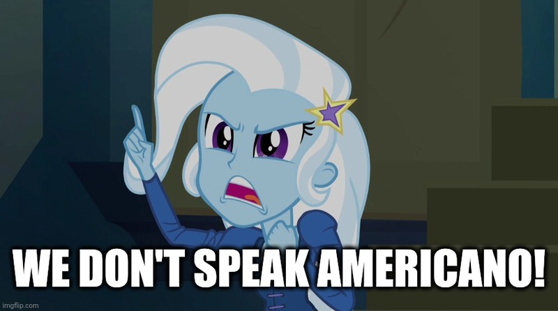Size: 896x500 | Tagged: safe, derpibooru import, edit, edited screencap, screencap, trixie, equestria girls, rainbow rocks, caption, dcup, image, image macro, jpeg, song reference, text, we no speak americano, yolanda be cool