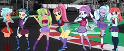 Size: 1384x577 | Tagged: safe, derpibooru import, frosty orange, indigo zap, lemon zest, melon mint, sour sweet, sugarcoat, sunny flare, equestria girls, clothes, converse, crystal prep academy, formula 1, image, jpeg, shadowbolts, shoes