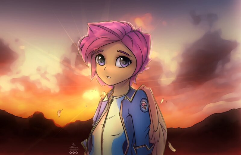 Size: 2480x1600 | Tagged: safe, artist:reterica, derpibooru import, scootaloo, equestria girls, clothes, cute, cutealoo, female, image, jacket, jpeg, looking at you, scenery, shirt, solo, sun, wings