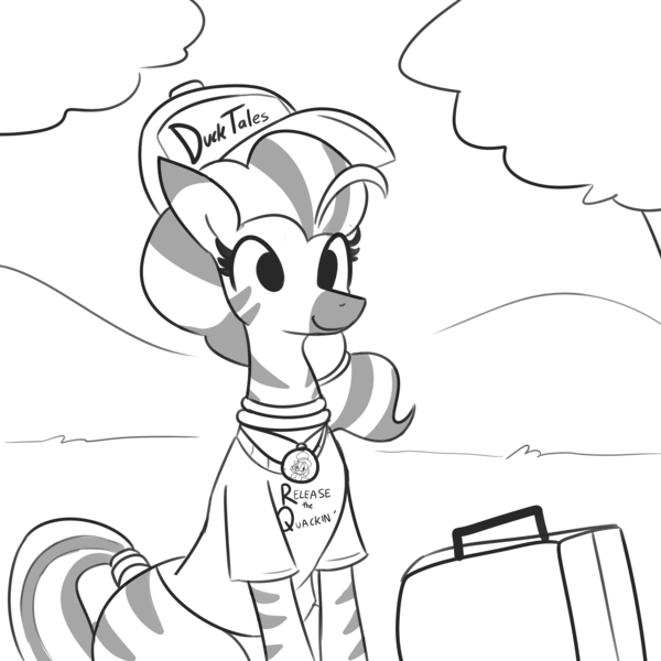 Size: 6600x6600 | Tagged: safe, artist:tjpones, derpibooru import, oc, oc:matriarch zeg'us, unofficial characters only, zebra, absurd resolution, baseball cap, black and white, cap, clothes, ducktales, fangirl, female, grayscale, hat, image, mare, monochrome, png, scrooge mcduck, shirt, solo, suitcase, t-shirt, zebra oc