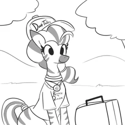 Size: 6600x6600 | Tagged: safe, artist:tjpones, derpibooru import, oc, oc:matriarch zeg'us, unofficial characters only, zebra, absurd resolution, baseball cap, black and white, cap, clothes, ducktales, fangirl, female, grayscale, hat, image, mare, monochrome, png, scrooge mcduck, shirt, solo, suitcase, t-shirt, zebra oc