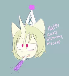 Size: 652x718 | Tagged: safe, artist:leola-kittycorn, derpibooru import, oc, oc:sardonic ardor, unofficial characters only, unicorn, :), bags under eyes, birthday, dunce hat, ear piercing, hat, horn, image, mouth hold, noisemaker, piercing, png, ponysona, self insert, short mane, tired, unamused, unicorn oc