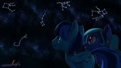 Size: 3840x2160 | Tagged: safe, artist:melodiousmarci, derpibooru import, oc, oc:rainy visualz, oc:star beats, pegasus, pony, 3d, constellation, duo, glow, high res, image, night, oc x oc, pegasus oc, png, shipping, smiling, source filmmaker, stars, staryvisi, wings