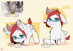 Size: 1920x1348 | Tagged: safe, artist:sugarelement, derpibooru import, oc, oc:red cherry, cat, pegasus, pony, cup, food, glasses, image, jpeg, licking, pudding, solo, teacup, tongue out