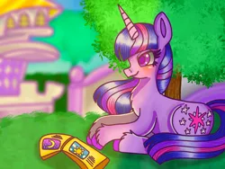 Size: 1280x960 | Tagged: safe, artist:roxiewinnipeg, derpibooru import, twilight sparkle, pony, unicorn, friendship is magic, blushing, book, book of harmony, female, grass, hooves, image, jpeg, reading, scene interpretation, solo, tree, unicorn twilight