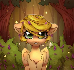 Size: 1697x1600 | Tagged: safe, artist:reterica, derpibooru import, oc, unofficial characters only, butterfly, insect, pegasus, pony, bush, chest fluff, female, forest, image, jpeg, looking at you, mare, scenery, sitting, smiling, smiling at you, solo, tree