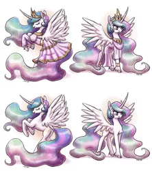 Size: 2400x2700 | Tagged: safe, artist:king-kakapo, derpibooru import, princess celestia, alicorn, pony, :3, :t, chest fluff, clothes, cloven hooves, crown, curved horn, cute, cutelestia, dress, eyes closed, high res, horn, image, jewelry, leg fluff, missing accessory, png, rearing, regalia, simple background, smiling, spread wings, unshorn fetlocks, white background, wing fluff, wings