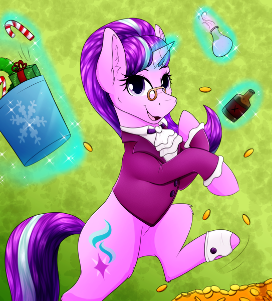 Size: 2264x2500 | Tagged: safe, artist:monsoonvisionz, derpibooru import, snowfall frost, starlight glimmer, pony, unicorn, bottle, candy, candy cane, christmas, clothes, coin, female, food, glasses, hearth's warming, holiday, image, looking at you, mare, png, present, smiling, solo
