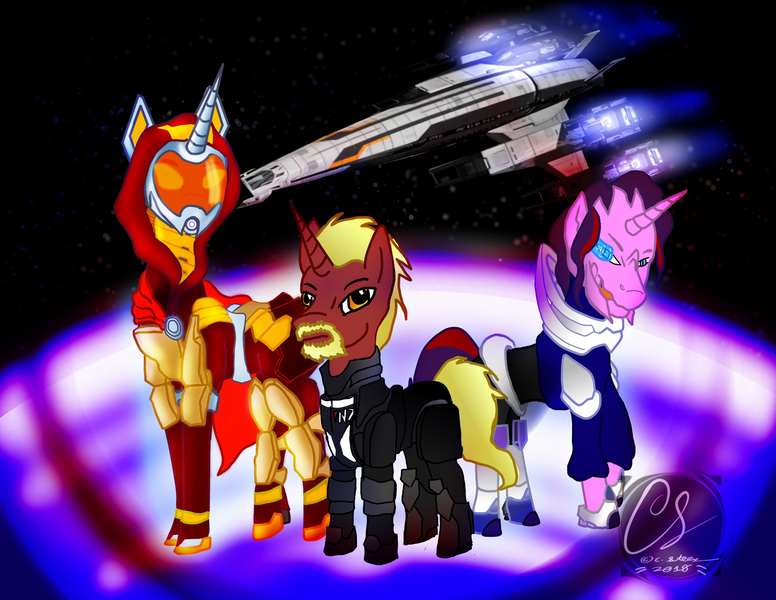 Size: 2786x2153 | Tagged: safe, artist:adhiguna, artist:johnathon-matthews, derpibooru import, oc, oc:aramau, oc:commander firebrand, oc:khunis jirall, alicorn, alien, quarian, turian, unicorn, deviantart watermark, image, mass effect, normandy, obtrusive watermark, png, space, watermark