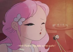 Size: 5432x3888 | Tagged: safe, artist:smileyjoke36, derpibooru import, fluttershy, human, absurd resolution, anime, eyes closed, fake screencap, female, food, hairclip, humanized, image, offscreen character, png, ranma 1/2, solo, subtitles, sushi