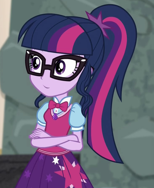 Size: 730x892 | Tagged: safe, derpibooru import, edit, edited screencap, editor:mycarhasamoustache, screencap, sci-twi, twilight sparkle, equestria girls, movie magic, spoiler:eqg specials, cropped, image, png, smile edit, solo