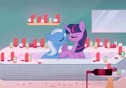 Size: 2629x1831 | Tagged: safe, artist:_cat_smoker_, derpibooru import, trixie, twilight sparkle, twilight sparkle (alicorn), alicorn, pony, unicorn, alcohol, bath, bathroom, bathtub, boop, bottle, candle, candlelight, commission, eyes closed, female, glass bottle, holding hooves, hoof on chin, image, kissing, lesbian, mare, mirror, noseboop, png, raised hoof, shipping, twixie, water, wine, wine bottle, ych result