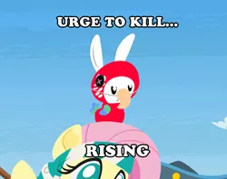 Size: 1236x978 | Tagged: safe, anonymous artist, derpibooru import, angel bunny, fluttershy, bird, parrot, pegasus, pony, rabbit, series:fm holidays, angel is not amused, animal, animal costume, bird costume, clothes, costume, frown, image, international talk like a pirate day, lineless, no pupils, offscreen character, pirate fluttershy, png, solo focus, talk like a pirate day, urge to kill rising