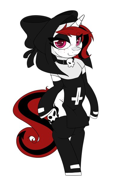 Size: 1912x3000 | Tagged: safe, artist:lockheart, derpibooru import, oc, oc:lilith, pony, unicorn, belly button, clothes, female, freckles, image, inverted cross, jpeg, leggings, mare, nun outfit, piercing, socks, solo, thigh highs