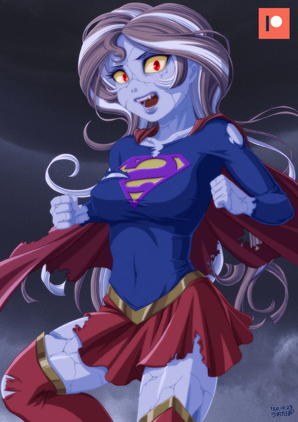 Size: 707x1000 | Tagged: safe, alternate version, artist:uotapo, derpibooru import, sunset shimmer, equestria girls, bizarro, breasts, cape, clothes, costume, crossover, dc comics, fangs, image, jpeg, looking at you, open mouth, skirt, solo, supergirl, superhero, superman, torn clothes, zettai ryouiki