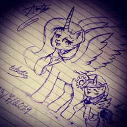 Size: 1080x1080 | Tagged: safe, artist:cats_drawings_cos, derpibooru import, princess celestia, princess luna, alicorn, pony, duo, female, filly, filly luna, hoof on chest, horn, image, jpeg, lined paper, mare, peytral, raised hoof, siblings, signature, sisters, traditional art, wings, younger