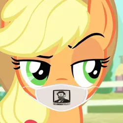 Size: 720x720 | Tagged: safe, derpibooru import, edit, edited screencap, screencap, applejack, three's a crowd, abraham lincoln, applejack's hat, coronavirus, covid-19, cowboy hat, cropped, face mask, female, fence, hat, image, mask, mouthpiece, png, politics, ponyville, president, raised eyebrow, republican, sideways glance, solo, the lincoln project, tree, unamused, unconvinced applejack