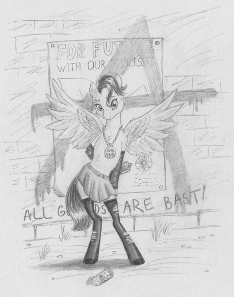 Size: 2629x3328 | Tagged: safe, artist:joestick, derpibooru import, oc, pegasus, pony, semi-anthro, anarchy, clothes, female, graffiti, image, innocent look, jpeg, mare, monochrome, pegasus oc, poster, punk, skirt, spread wings, traditional art, wall, wings