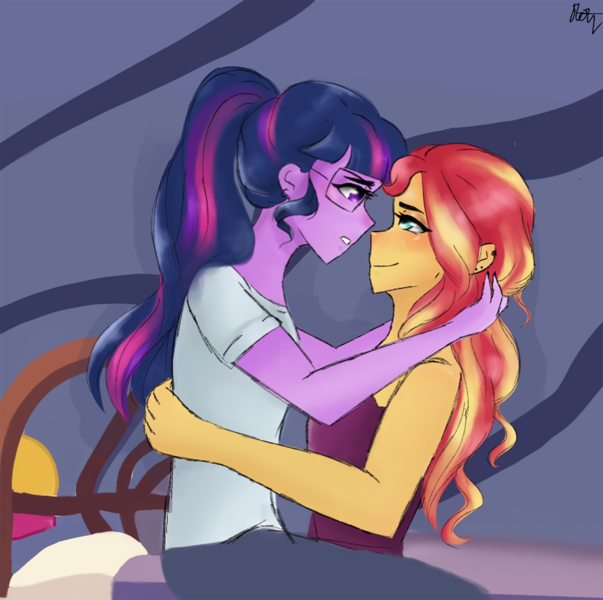 Size: 1080x1074 | Tagged: safe, artist:_denart, derpibooru import, sci-twi, sunset shimmer, twilight sparkle, equestria girls, blushing, clothes, duo, duo female, female, hug, image, lesbian, looking at each other, png, scitwishimmer, shipping, signature, smiling, sunsetsparkle