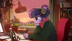 Size: 1200x675 | Tagged: safe, artist:reterica, derpibooru import, twilight sparkle, ponified, anthro, bird, moose, pony, unicorn, book, brush, calendar, chair, clothes, computer, crossover, evening, flying, headphones, image, jpeg, lamp, laptop computer, lofi, lofi hip hop radio - beats to relax/study to, mountain, parody, pen, pencil, plant, plushie, profile, scarf, scissors, solo, studying, sunset, toy, unicorn twilight, vase