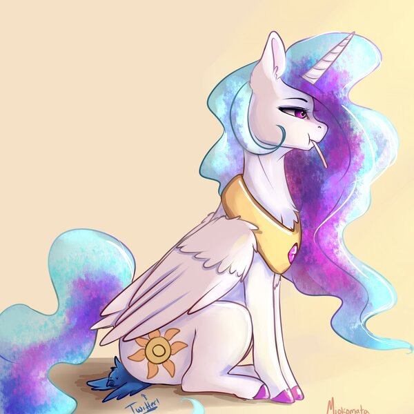 Size: 4000x4000 | Tagged: safe, artist:miokomata, derpibooru import, princess celestia, alicorn, bird, pony, butt, colored hooves, female, food, gradient background, image, jpeg, mare, meta, mouth hold, plot, pocky, signature, silly, sitting, sitting on person, solo, sunbutt, twitter