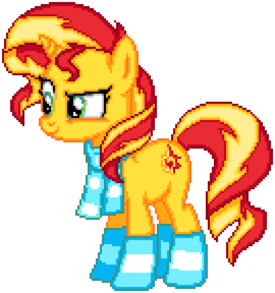 Size: 1080x1152 | Tagged: safe, artist:dasheroni, artist:mohawgo, derpibooru import, sunset shimmer, pony, unicorn, boots, clothes, female, image, manepxls, mare, pixel art, png, pxls.space, scarf, shoes, show accurate, side view, simple background, smiling, smirk, solo, transparent background, winter