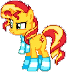 Size: 1080x1152 | Tagged: safe, artist:dasheroni, artist:mohawgo, derpibooru import, sunset shimmer, pony, unicorn, boots, clothes, female, image, manepxls, mare, pixel art, png, pxls.space, scarf, shoes, show accurate, side view, simple background, smiling, smirk, solo, transparent background, winter